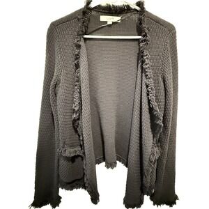 LOFT Black Fringe Open Knit Cardigan Sweater Women's Size S Long Sleeve